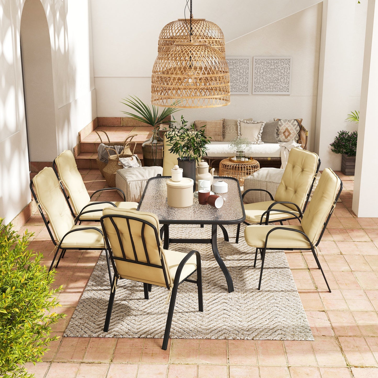 7 Piece Garden Dining Set, Outdoor Dining Table and 6 Cushioned Armchairs, Tempered Glass Top Table w/ Umbrella Hole, Texteline Seats, Beige