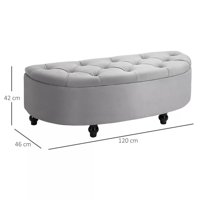 Semi-Circle Storage Ottoman Bench Tufted Upholstered Accent Seat Footrest Stool with Rubberwood Legs for Entryway & Bedroom, Grey