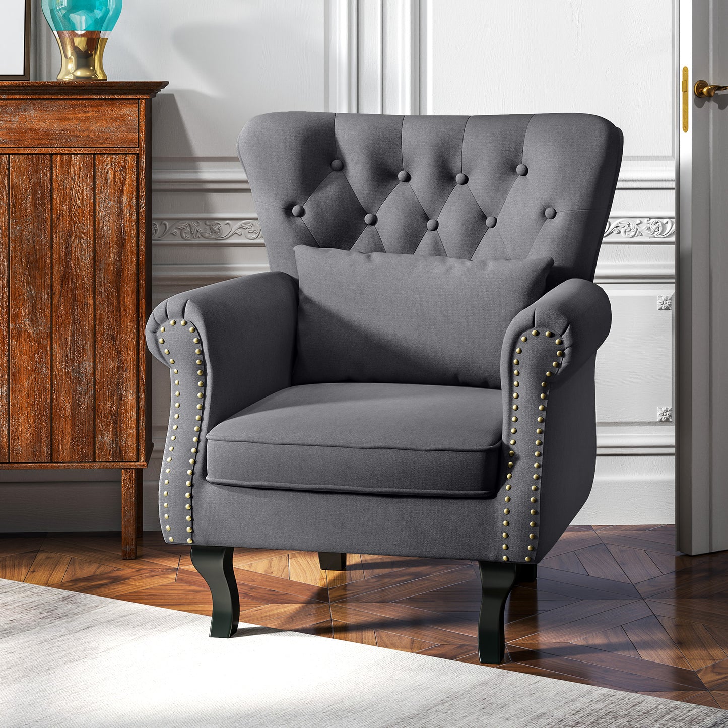 Wingback Armchair, Chesterfield-style Accent Chair, Dark Grey