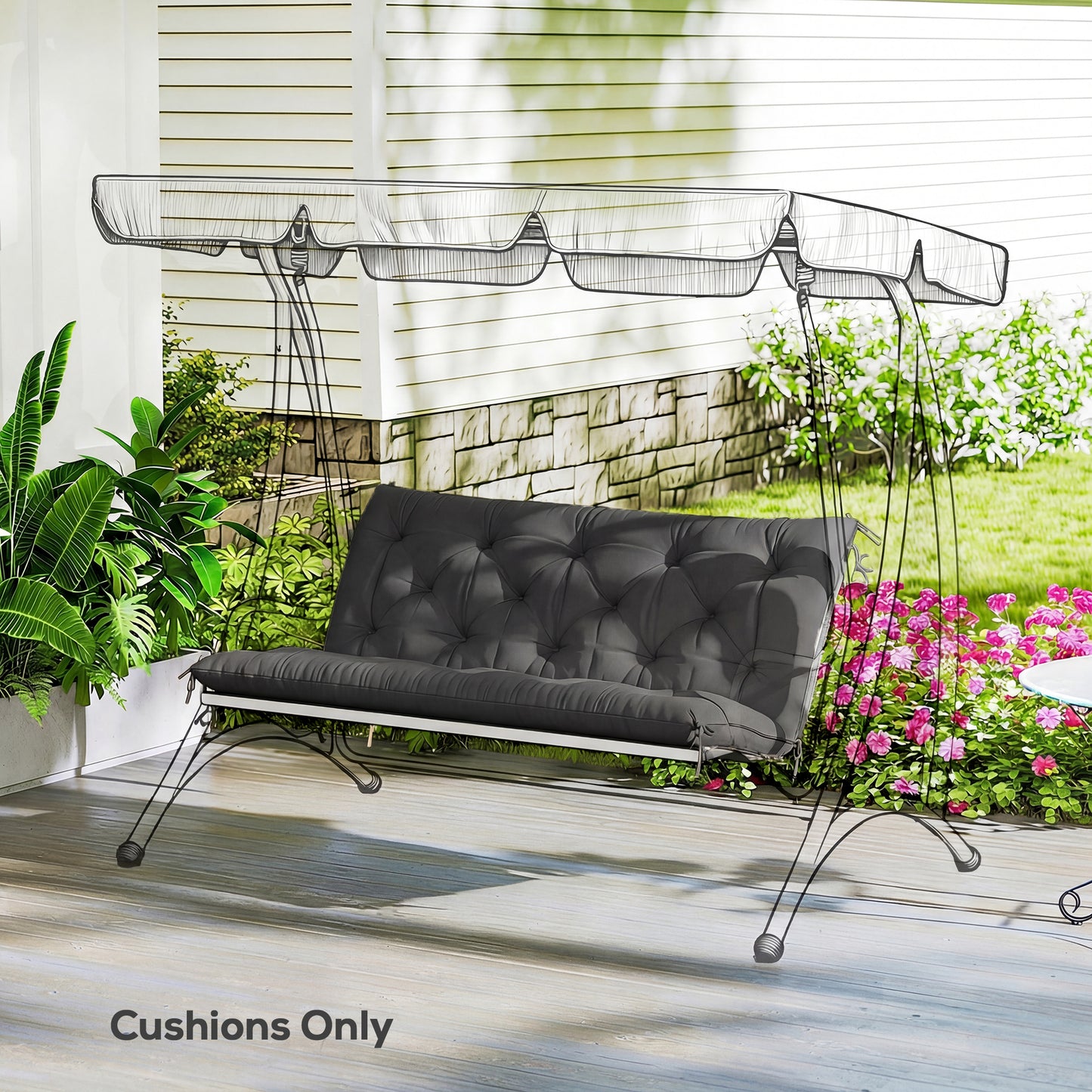 Garden Bench Cushion, Seat Pad with Ties, Black