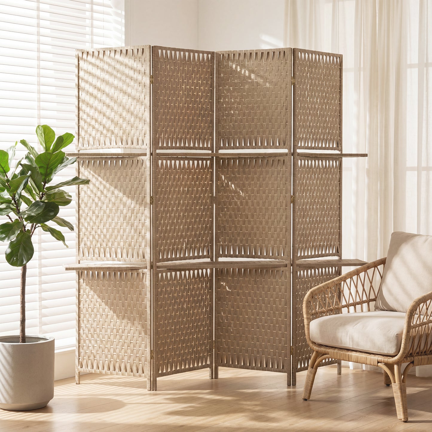 4-Panel Room Divider with Shelves, Wave Fibre Freestanding Folding Privacy Screen Panels, Partition Wall Divider for Indoor Bedroom Office, 180 cm, Natural Wood Finish
