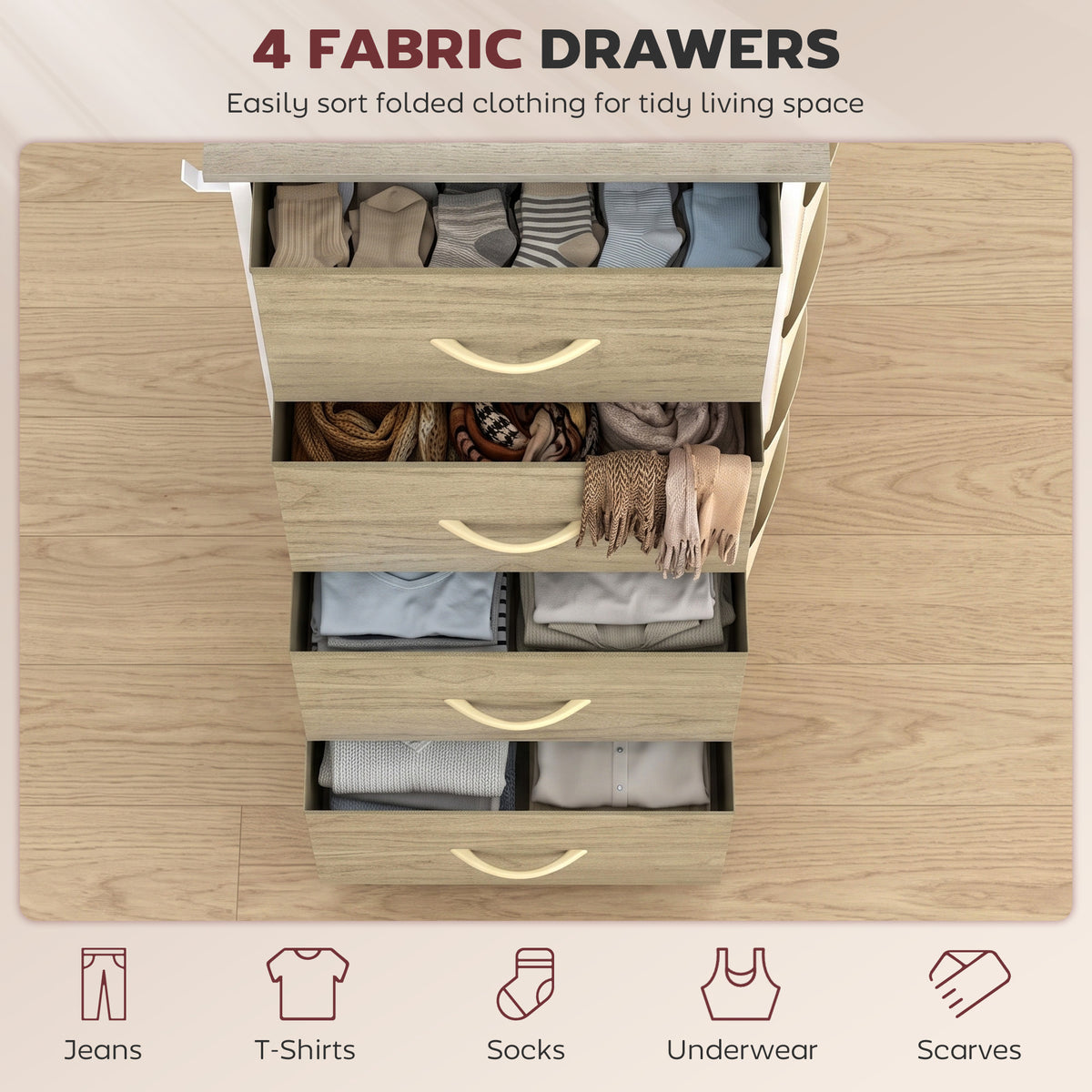 Fabric Chest of Drawers, 4 Drawer Dresser for Bedroom, Natural Wood