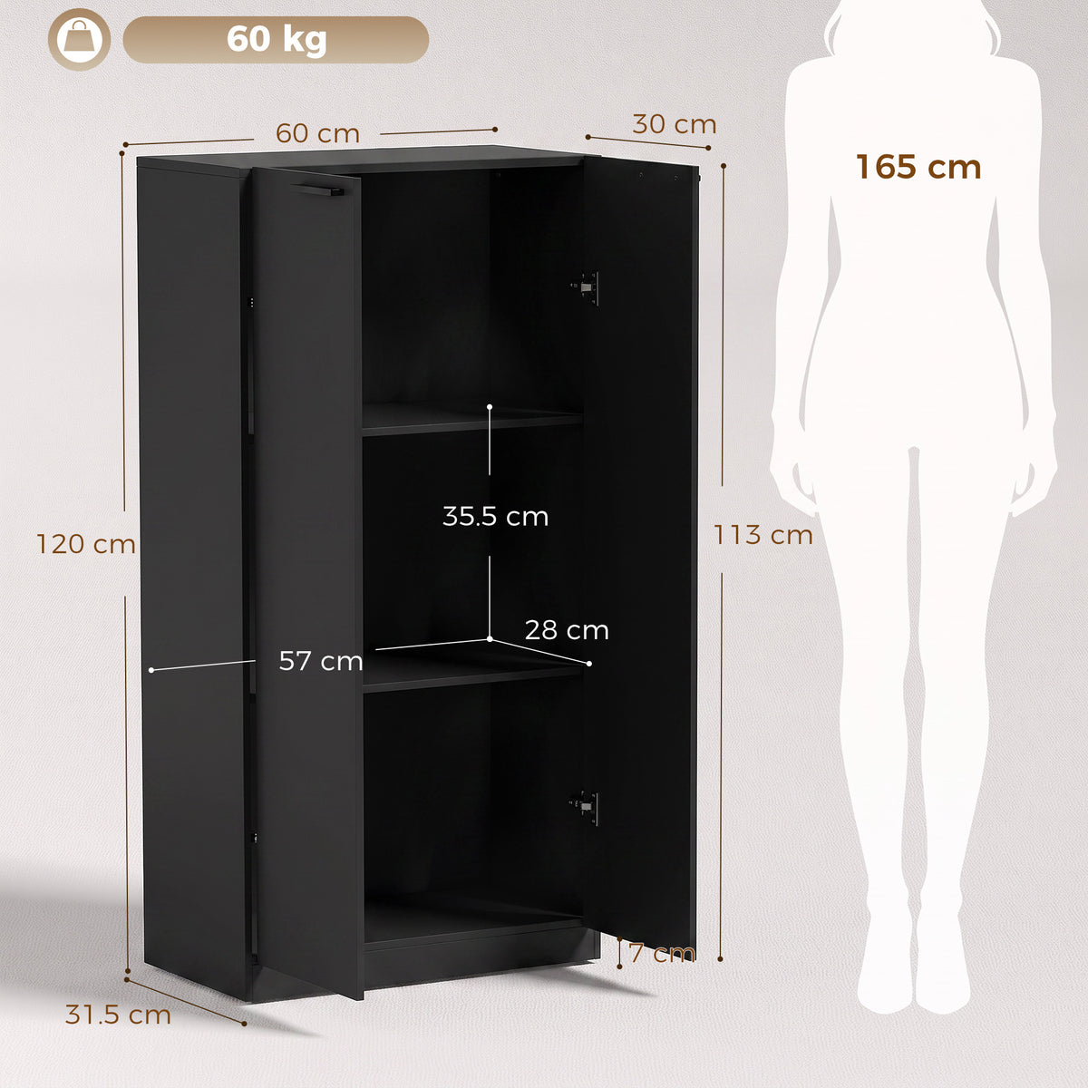 3-Tier Wooden Storage Cabinet Cupboard Tall Soft Close 120 cm Black