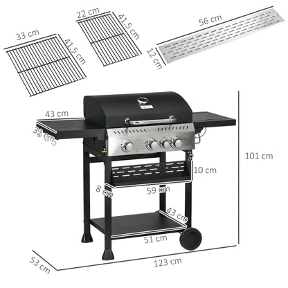 Galvanised Steel 3+1 Gas Burner BBQ Grill Trolley, Black
