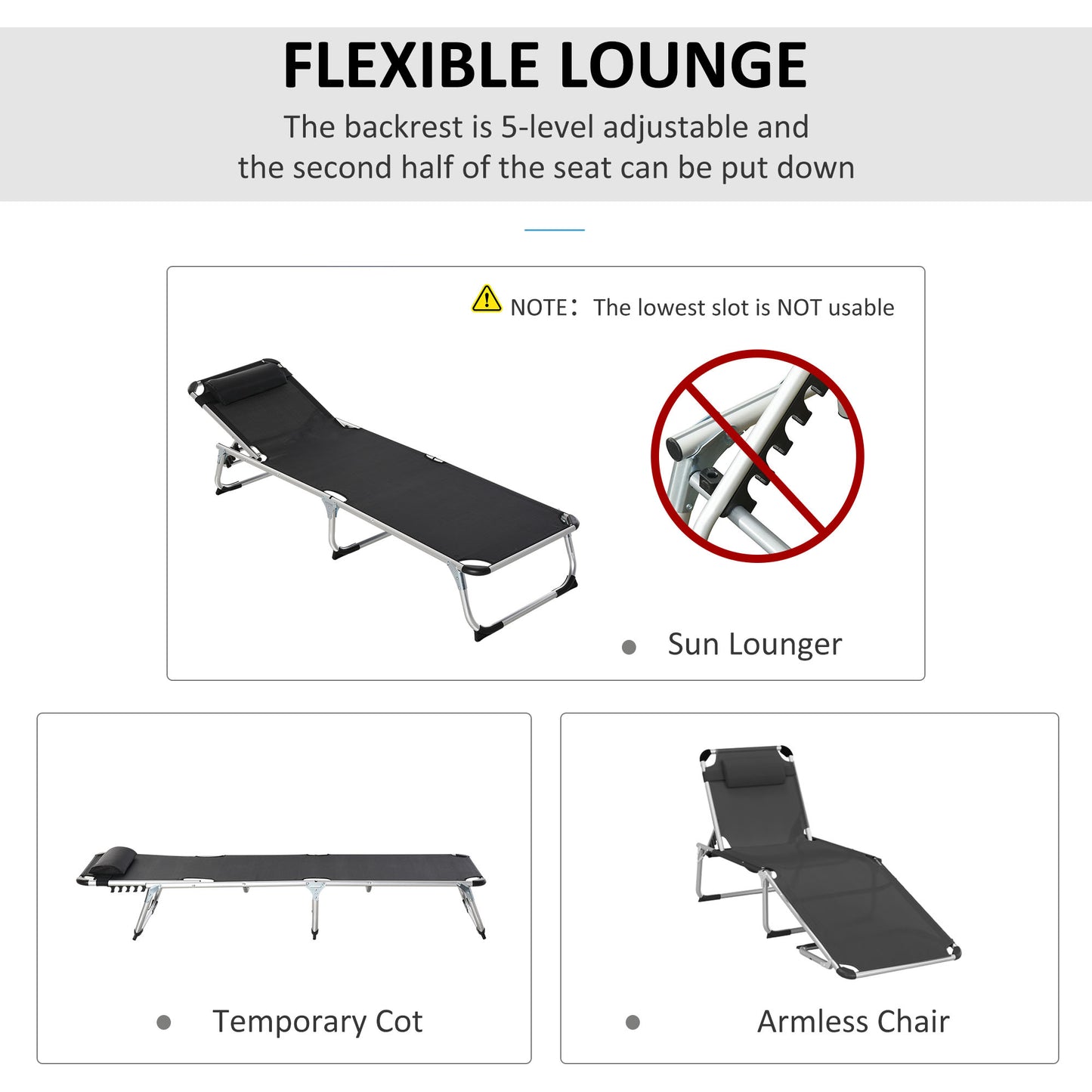 Folding Outdoor Reclining Sun Lounger Chair Aluminium Frame Black