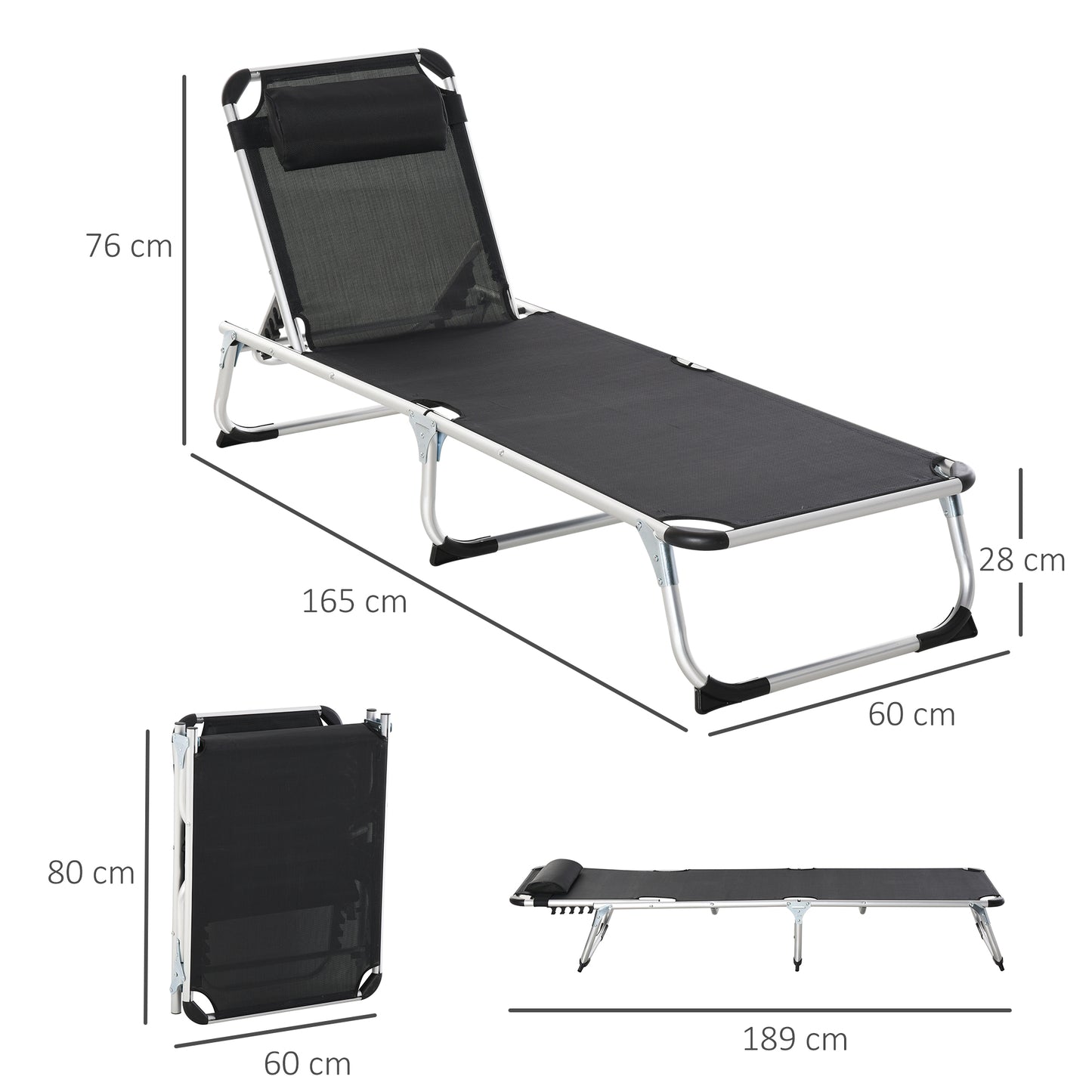 Folding Outdoor Reclining Sun Lounger Chair Aluminium Frame Black