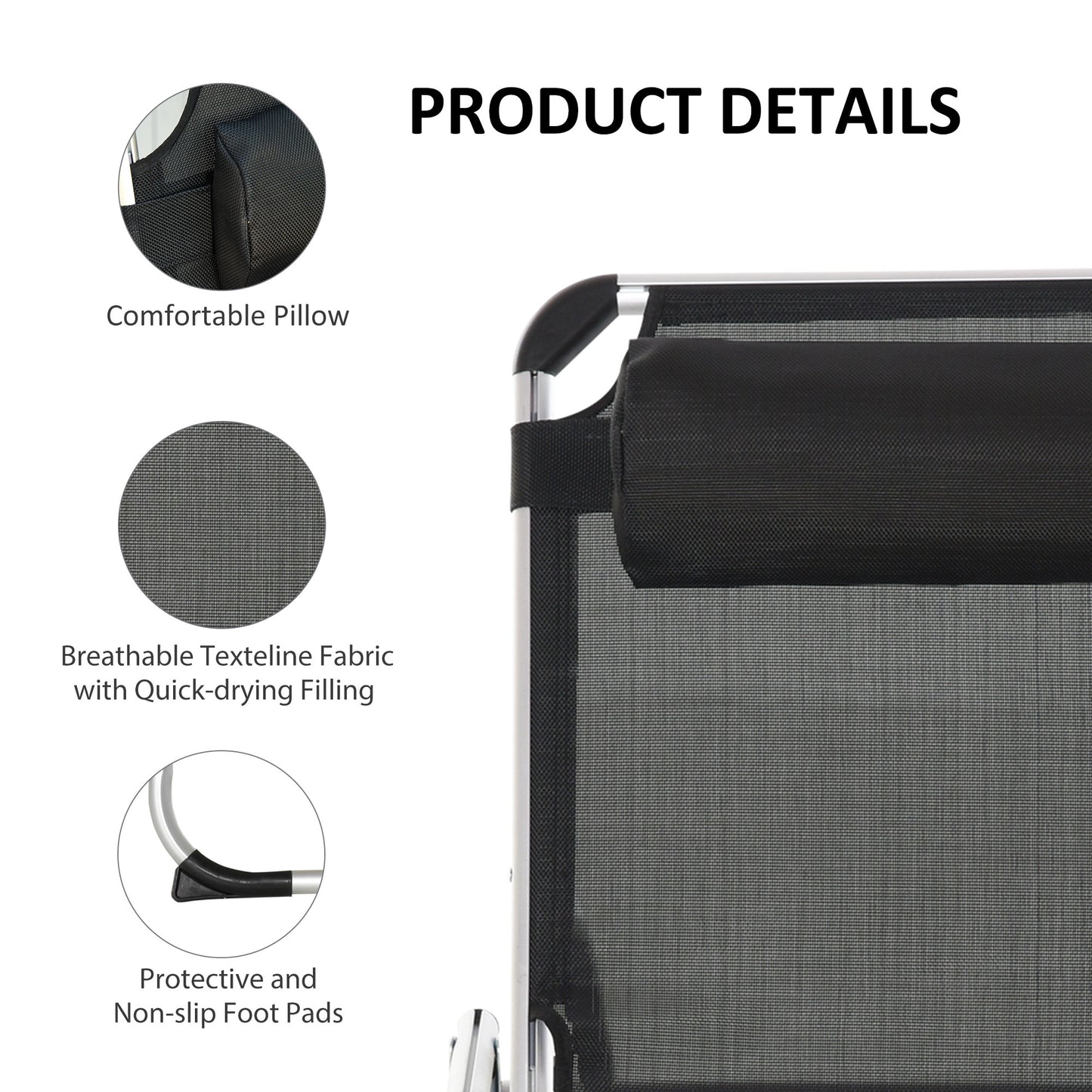 Folding Outdoor Reclining Sun Lounger Chair Aluminium Frame Black