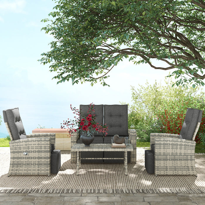 4 Piece Rattan Garden Furniture Set Outdoor Sofa Sectional Set with Glass Top Table for Yard, Poolside, Grey