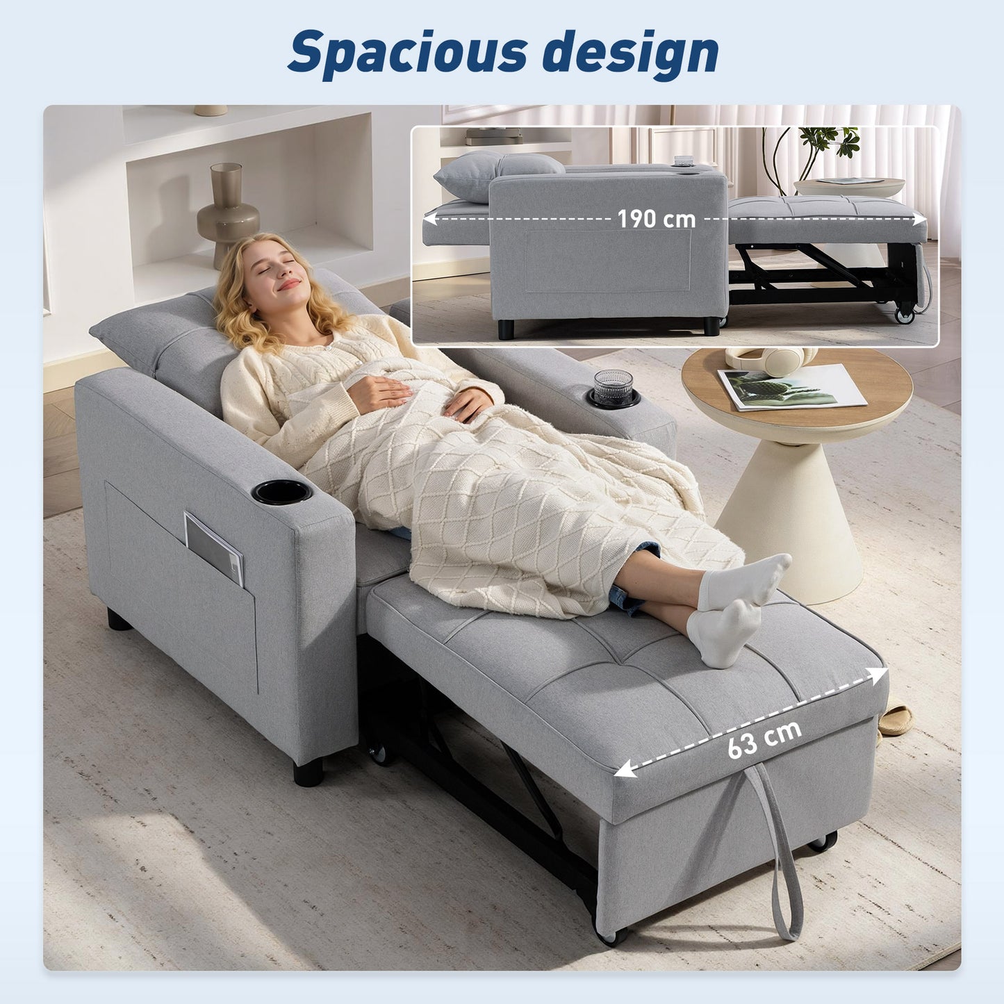 3-in-1 Sofa Bed, Convertible Sleeper Chair with Adjustable Backrest