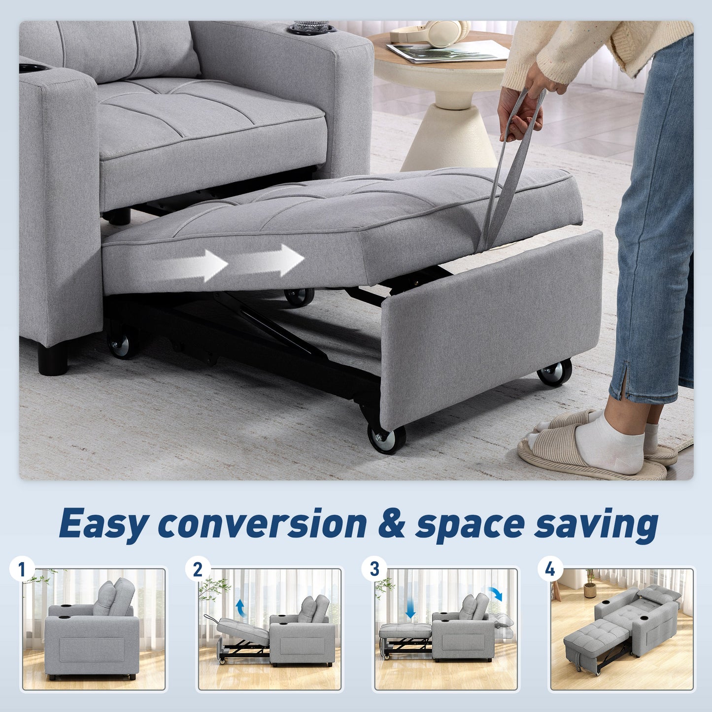 3-in-1 Sofa Bed, Convertible Sleeper Chair with Adjustable Backrest