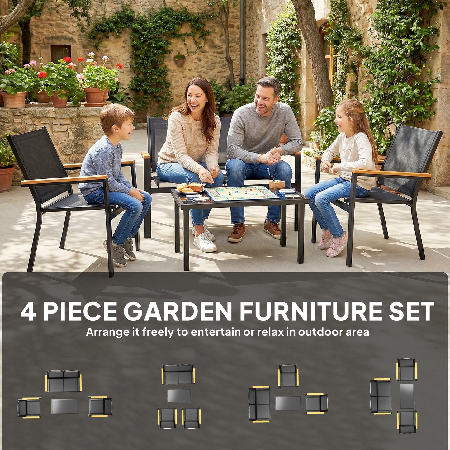 Outdoor Sofa with Tempered Glass Top 4 Seater Black