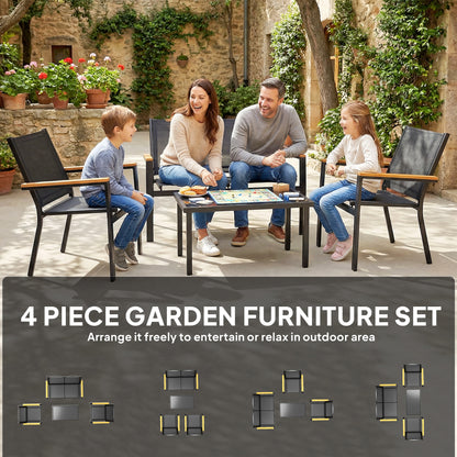 Outdoor Sofa with Tempered Glass Top 4 Seater Black