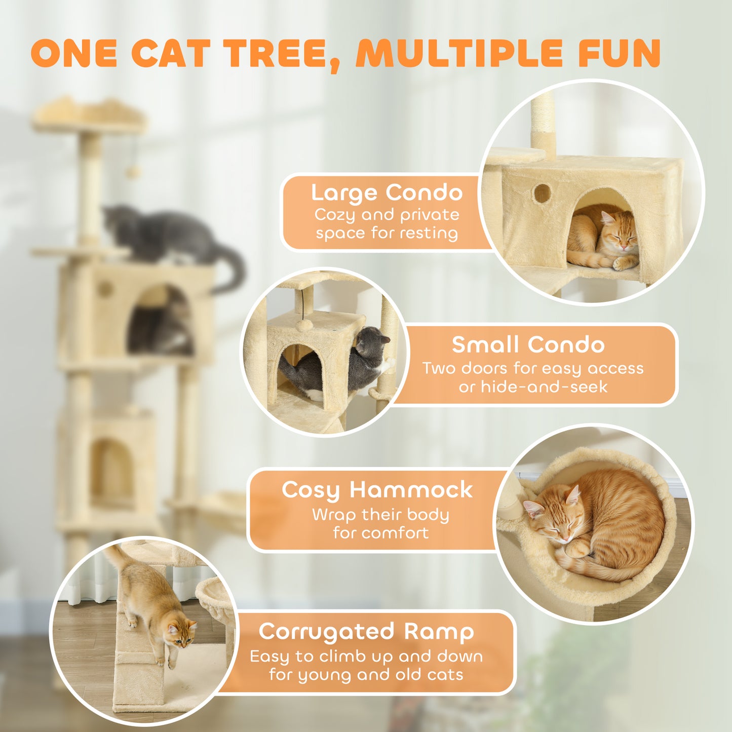 180cm Cat Tree Tower with Sisal Scratching Posts, Condos, Beige