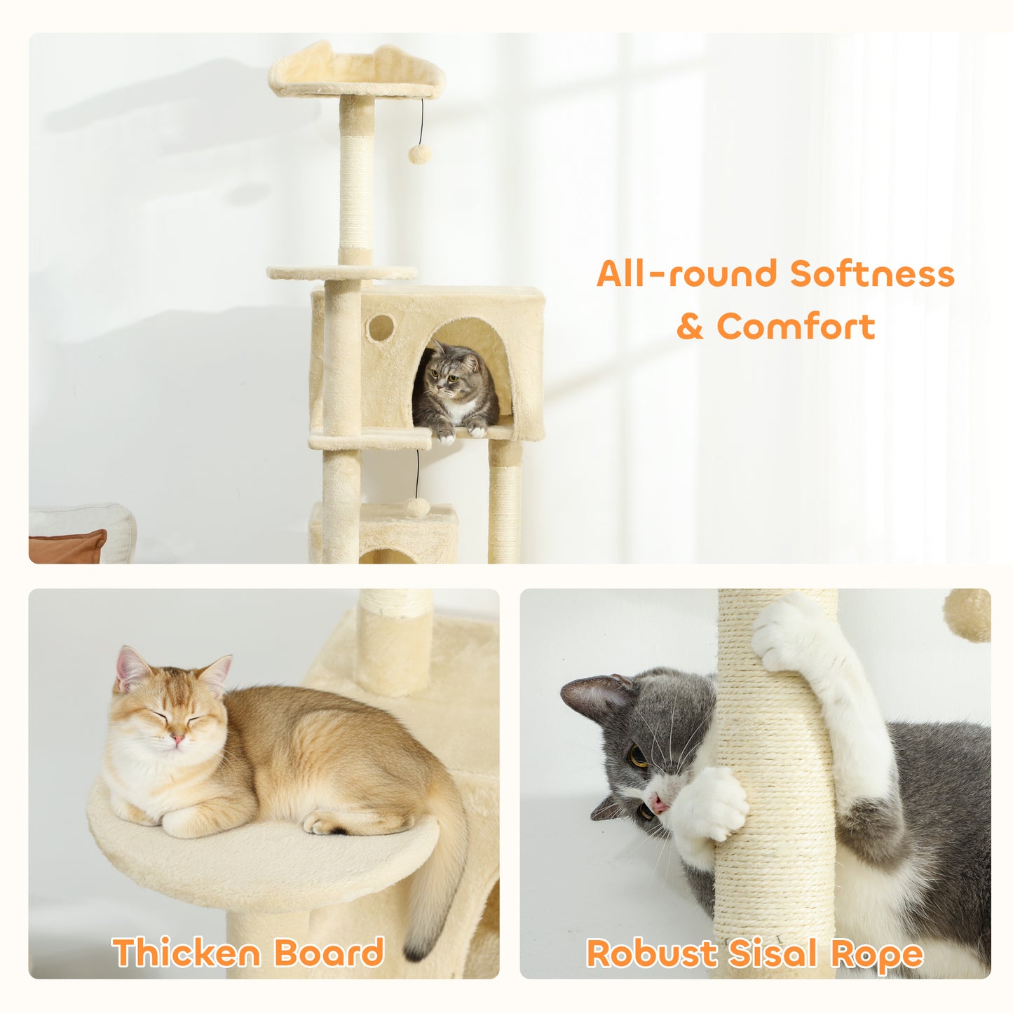180cm Cat Tree Tower with Sisal Scratching Posts, Condos, Beige