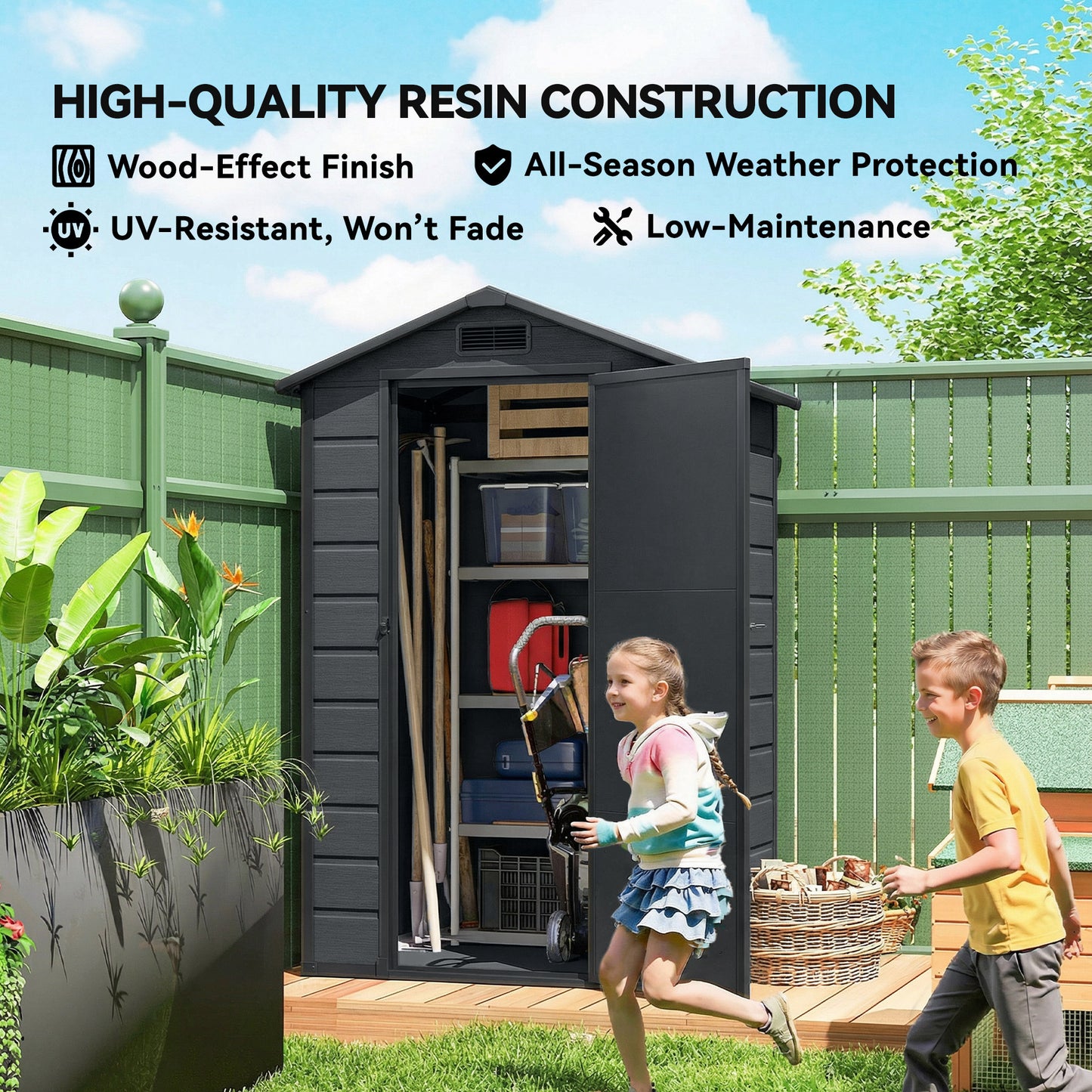 4 x 3 ft Plastic Small Garden Shed with Lockable Door, Dark Grey