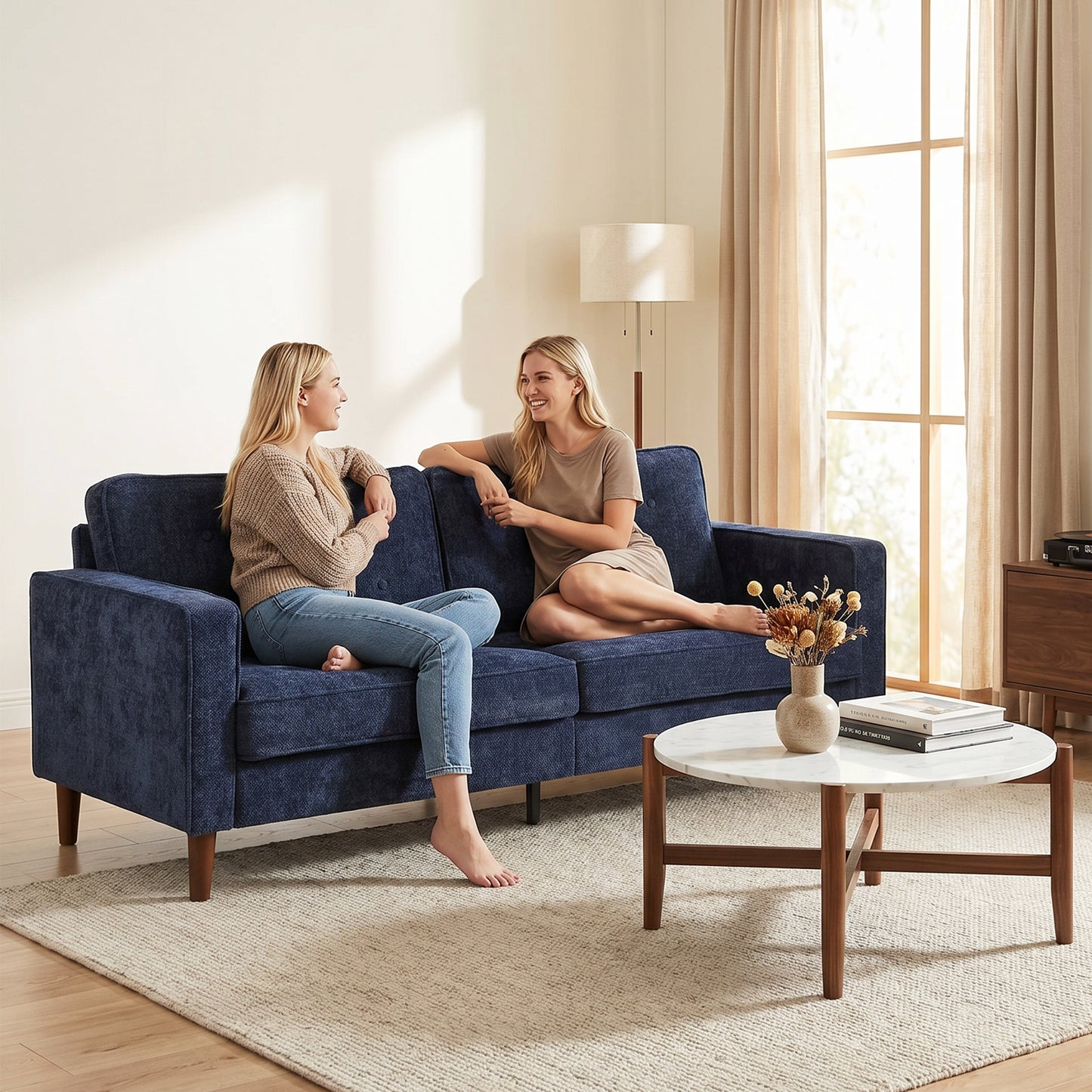 3 Seater Sofa, Upholstered Small Couch for Bedroom, Modern Futon Sofa Settee with Padded Cushion, Button Tufting and Wood Legs for Living Room, Dark Blue