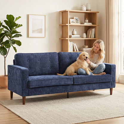 3 Seater Sofa, Velvet-Feel Fabric Upholstered Small Couch for Bedroom, Modern Sofa Settee with Padded Cushion, Button Tufting and Wood Legs for Living Room, Dark Blue