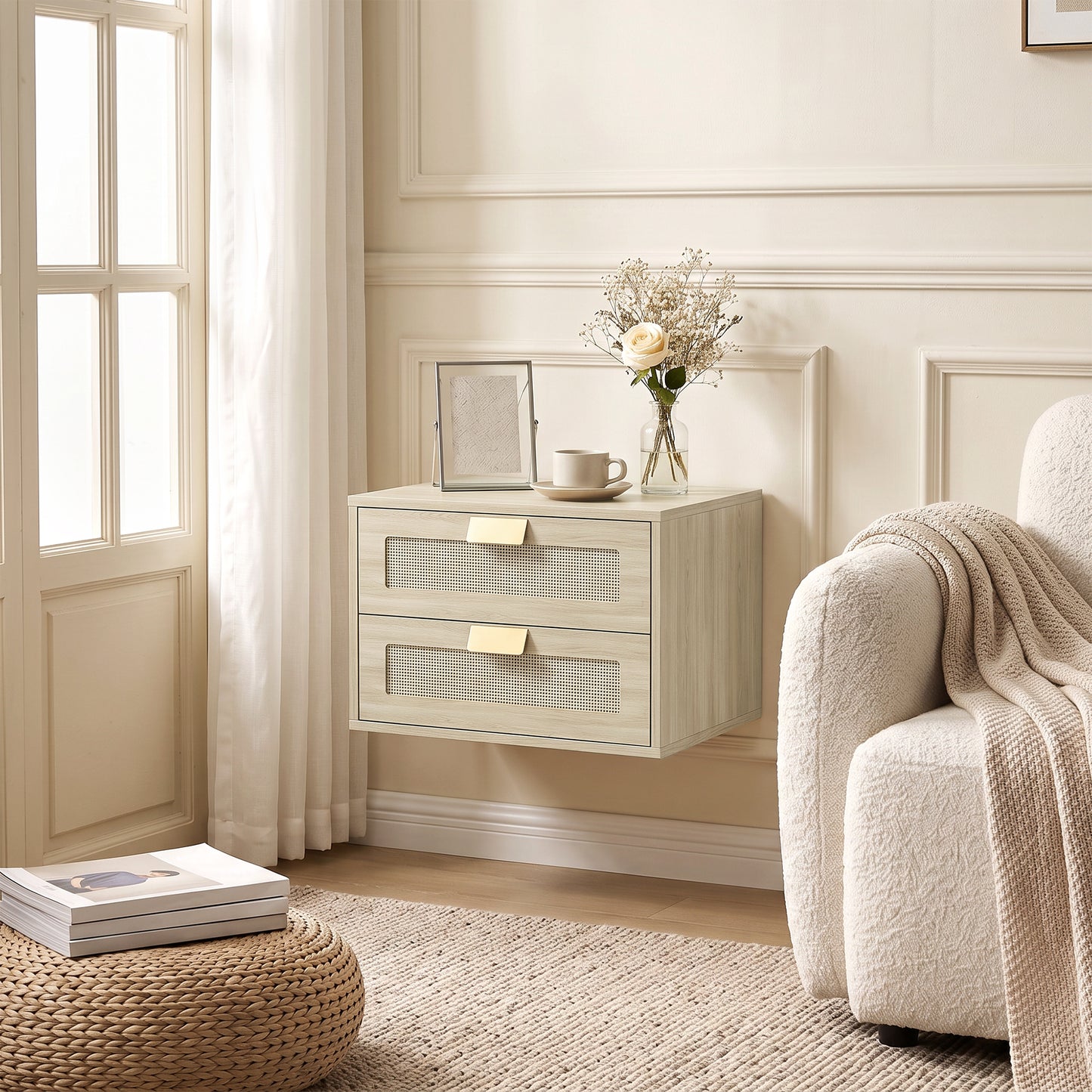 Modern Floating Nightstands Set of 2,  2 Drawers Bedside Tables, Oak