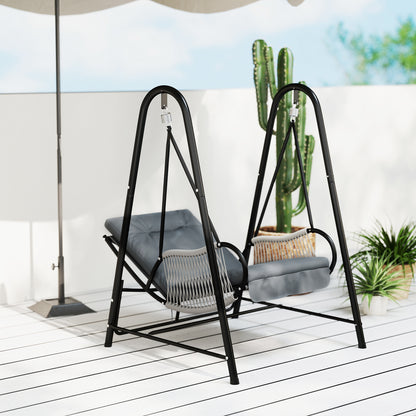 Rattan Swing Chair with Stand and Seat Cushion, Light Grey