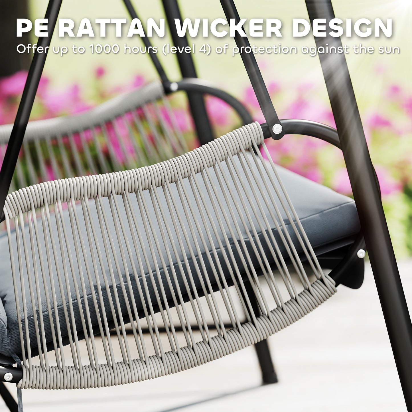 Rattan Swing Chair with Stand and Seat Cushion, Light Grey