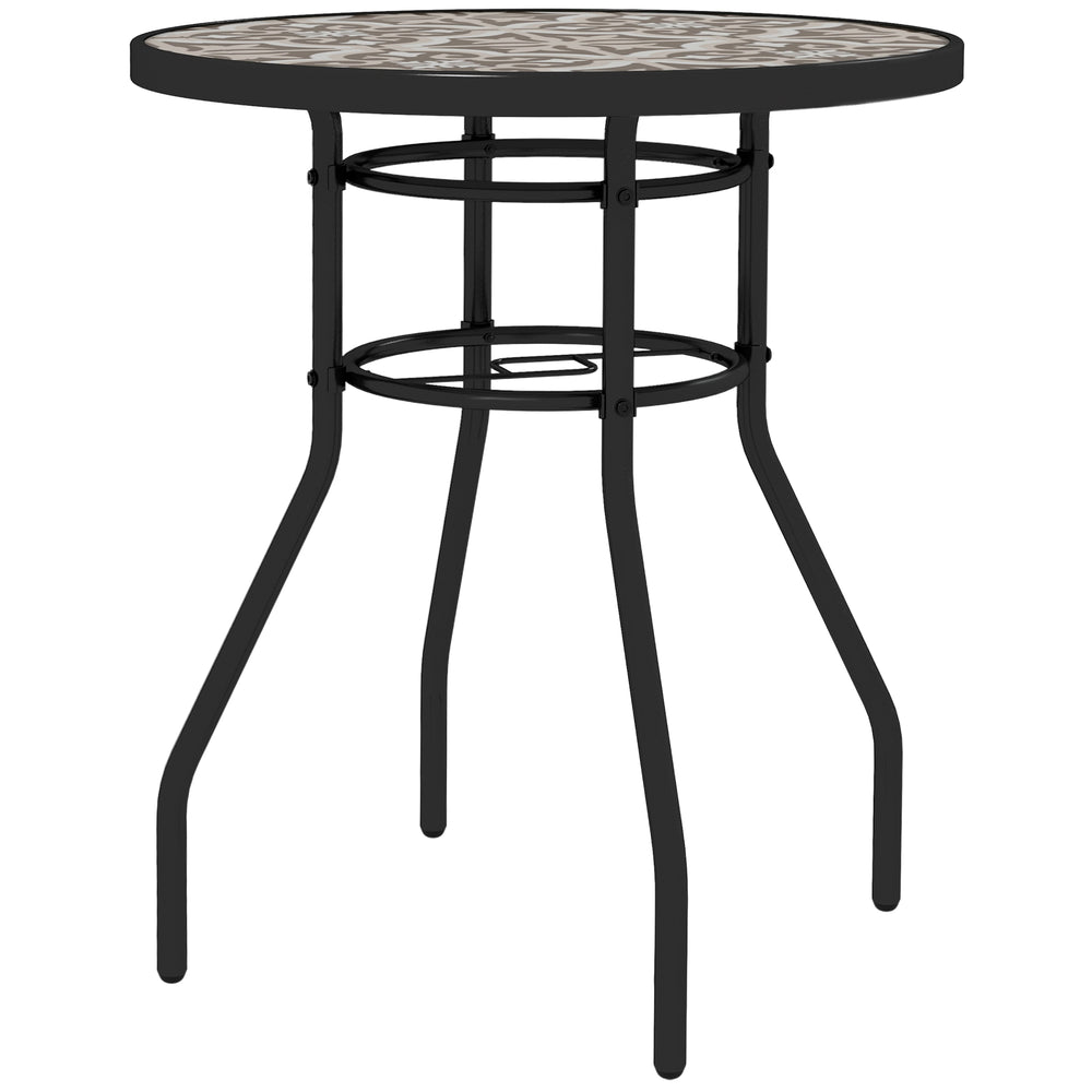 Tempered Glass Top Garden Table with Glass Printed Design, Steel Frame, Foot Pads for Porch, Balcony, Tan Brown