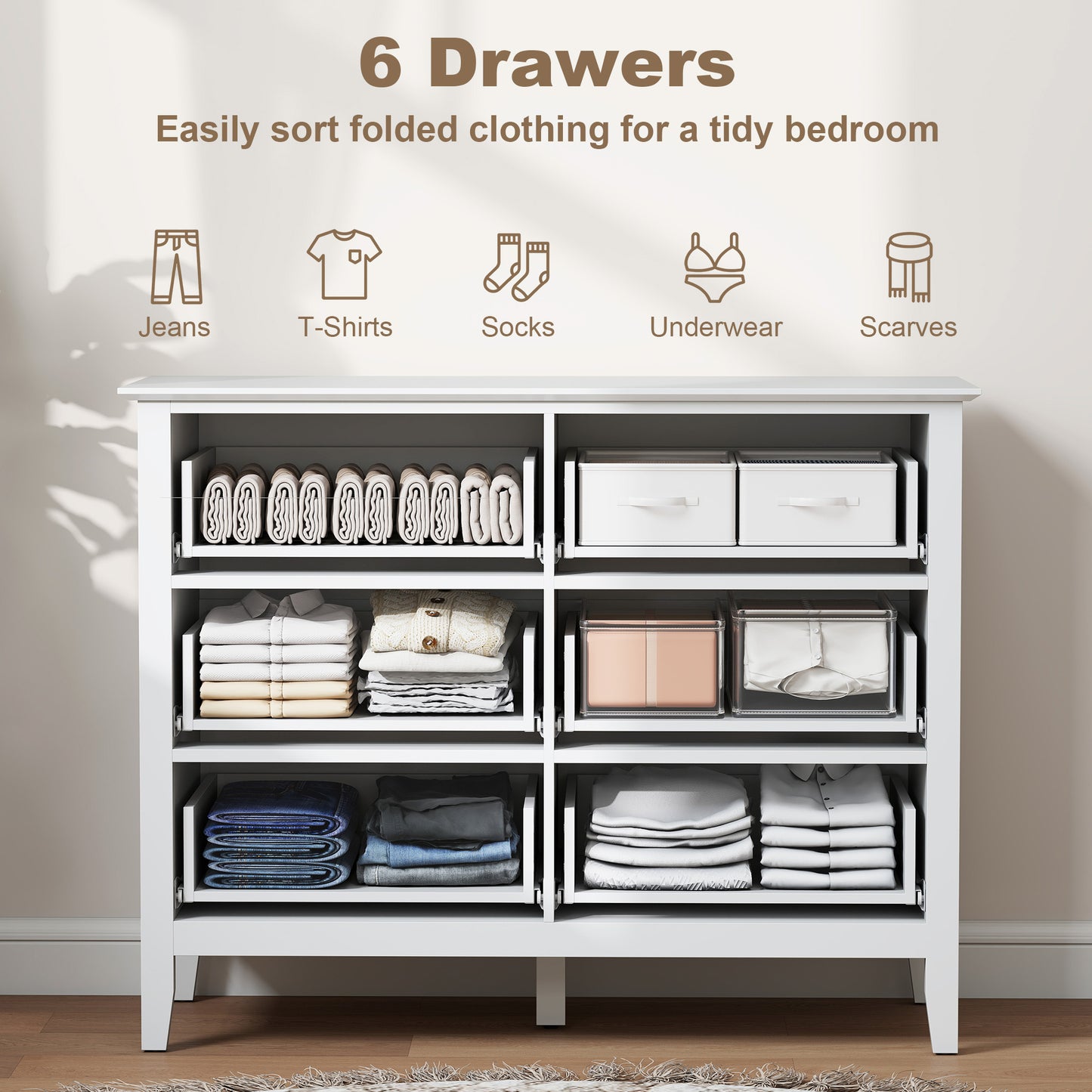 Fluted Chest of Drawers 6 Drawer Dresser for Bedroom Hallway White