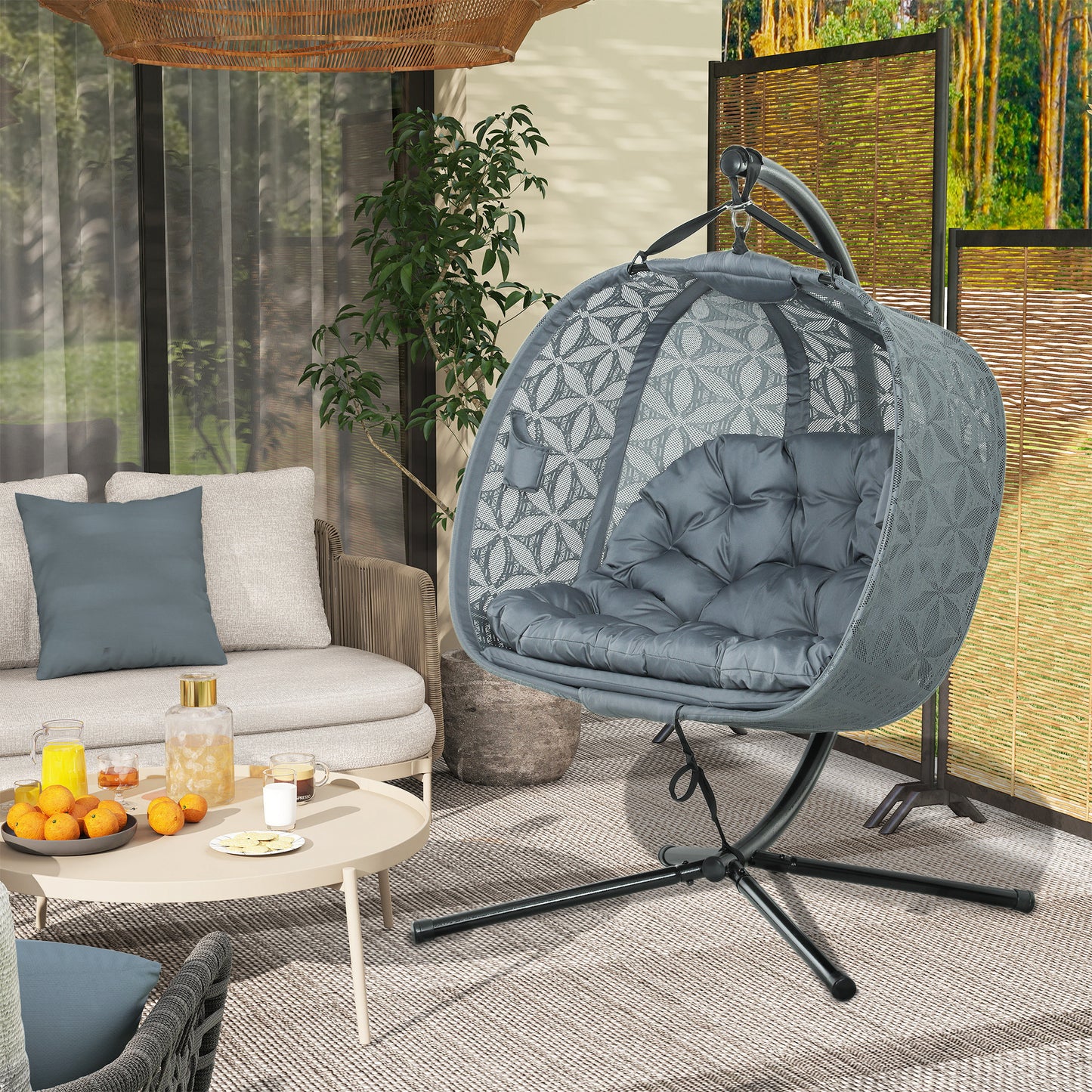 Double Hanging Swing Chair w/ Stand & Cup Holders, Charcoal Grey