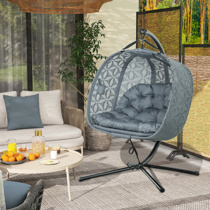 Double Hanging Swing Chair w/ Stand & Cup Holders, Charcoal Grey