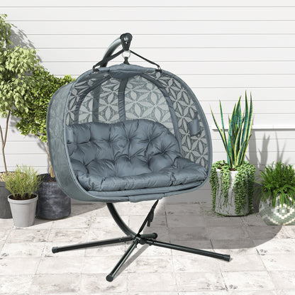 Double Hanging Swing Chair w/ Stand & Cup Holders, Charcoal Grey
