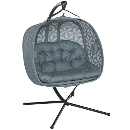 Double Hanging Swing Chair w/ Stand & Cup Holders, Charcoal Grey