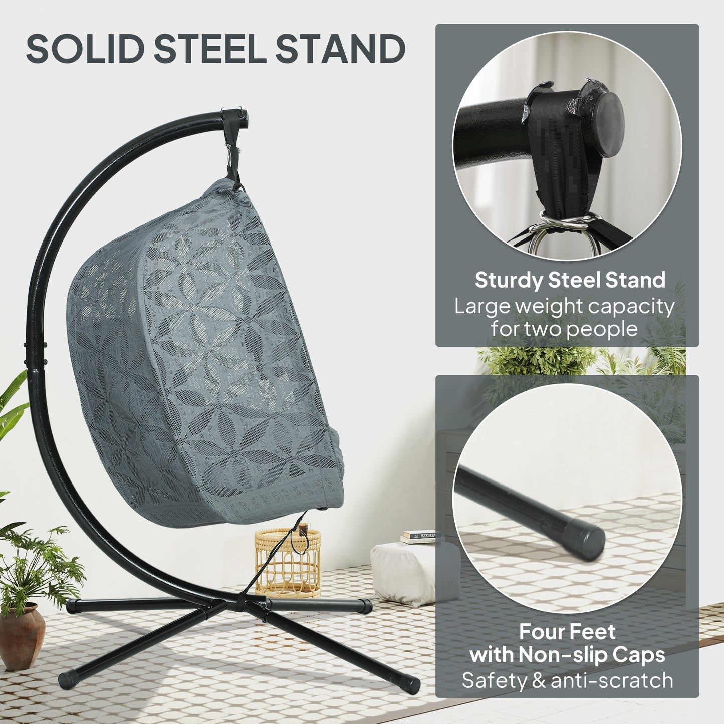 Double Hanging Swing Chair w/ Stand & Cup Holders, Charcoal Grey