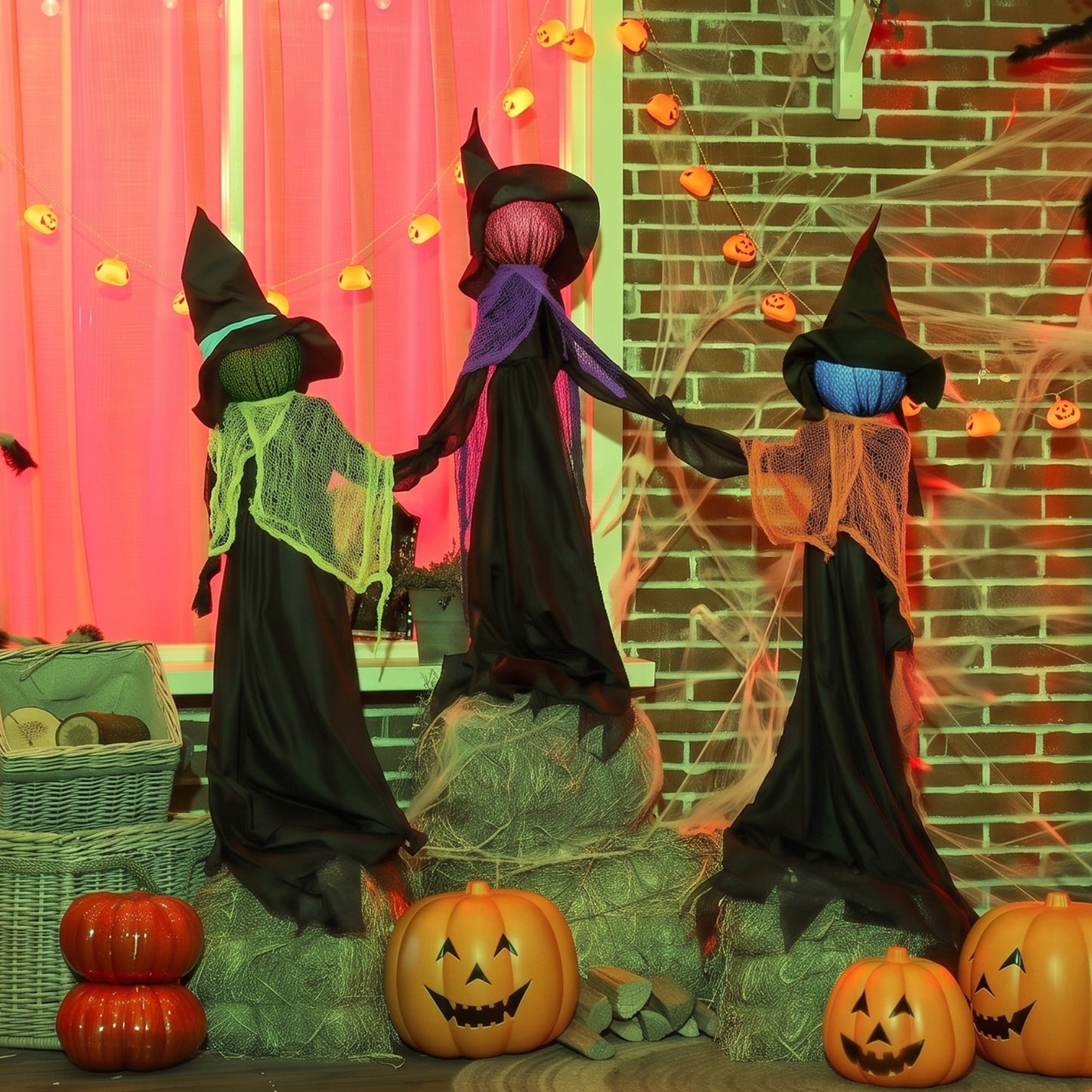 48" Witches Holding Hands Halloween Decoration Light Up Animated Prop
