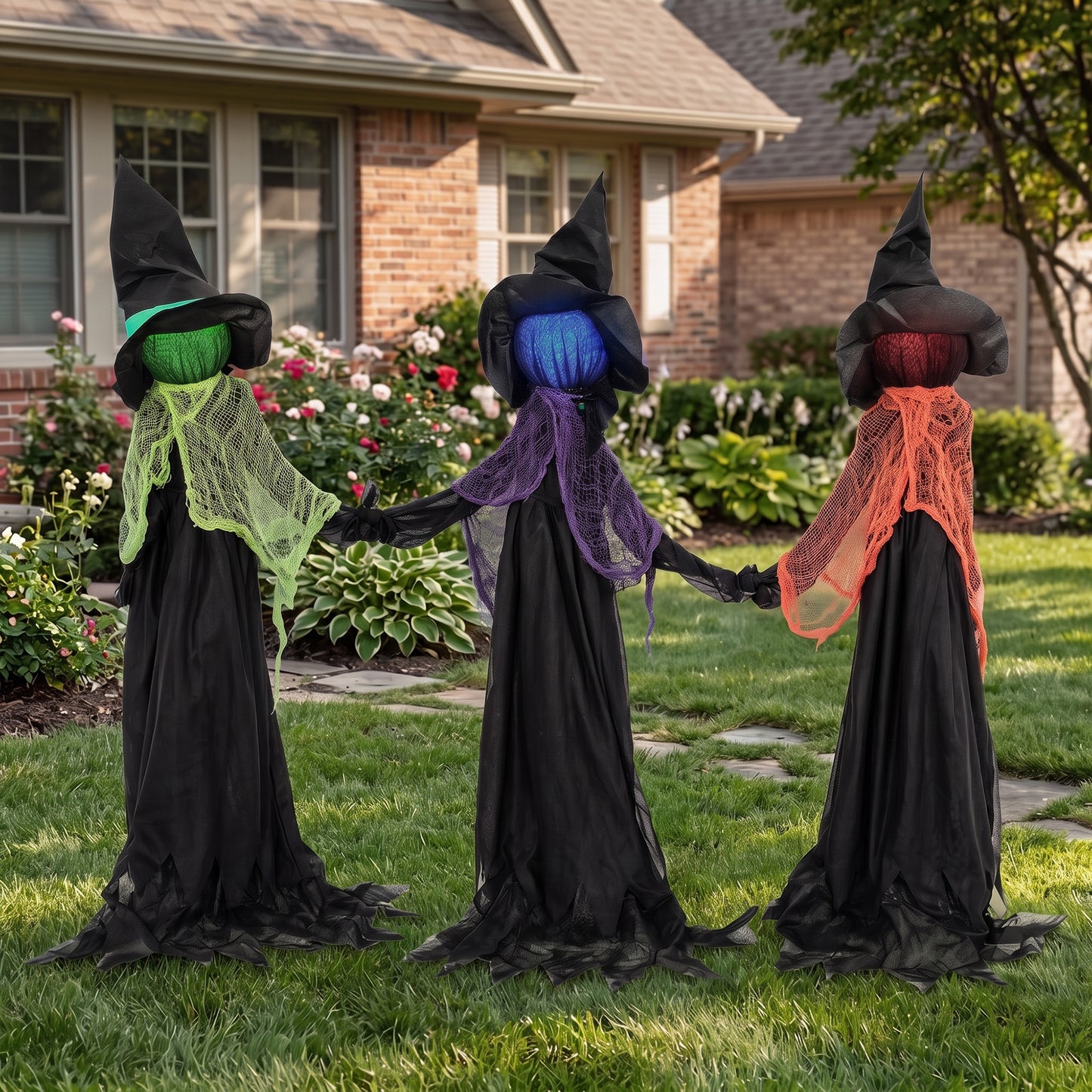 48" Witches Holding Hands Halloween Decoration Light Up Animated Prop