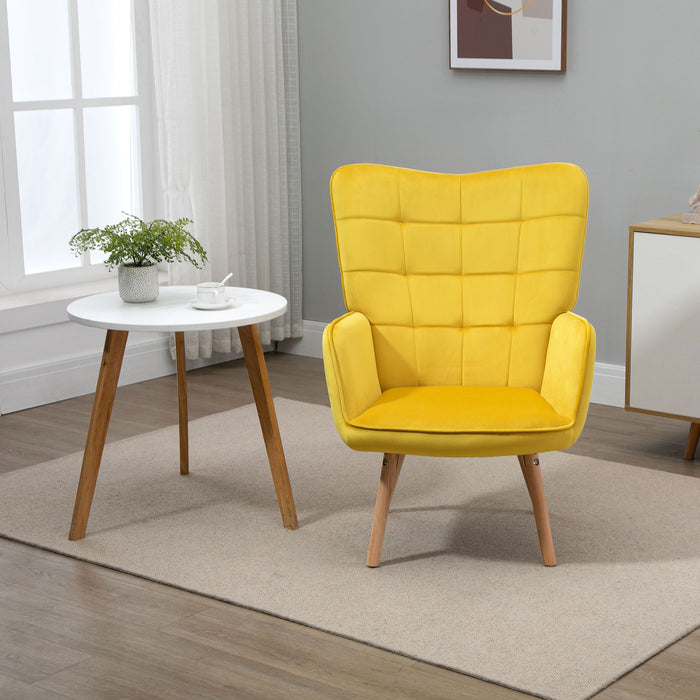 Modern Accent Chair Velvet-Touch Tufted Wingback Armchair Upholstered Leisure Lounge Sofa Club Chair with Wood Legs, Yellow