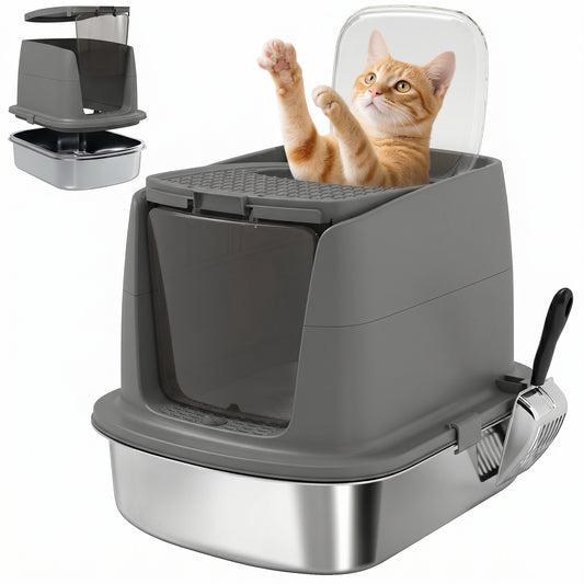 Stainless Steel Litter Box with Lid, Large Hooded Cat Litter Tray with Flip Cover, Metal Scoop, Deodoriser Bag, Non-Sticky, Odour Control and Easy Clean, Dark Grey