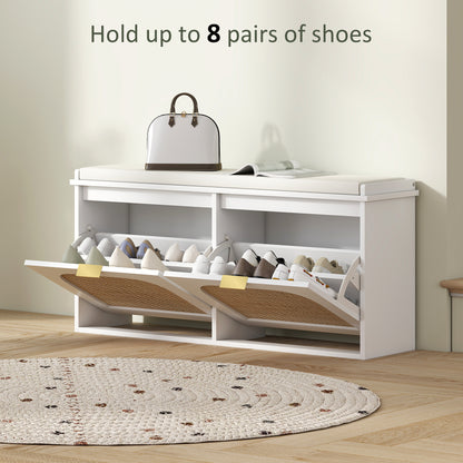 Boho Shoe Bench with Padded Seat and 2 Flip-Drawers, White