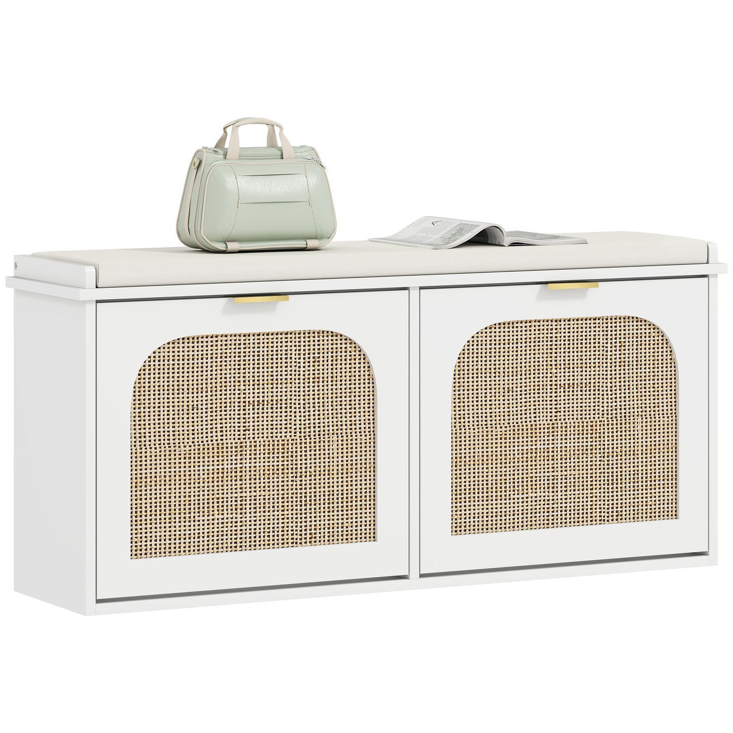 Boho Shoe Bench with Padded Seat and 2 Flip-Drawers, White