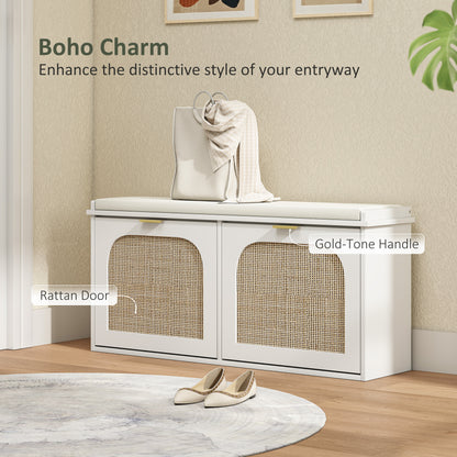 Boho Shoe Bench with Padded Seat and 2 Flip-Drawers, White