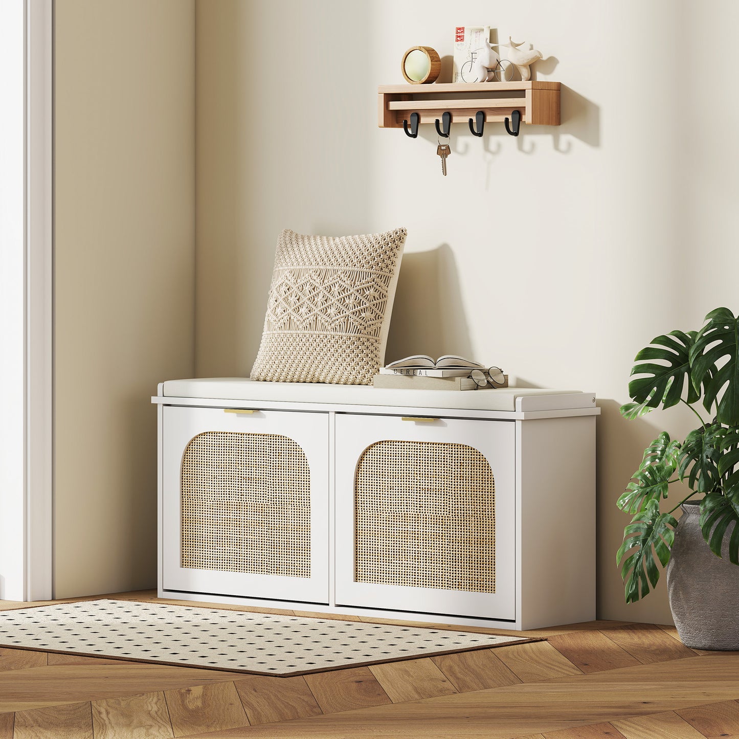 Boho Shoe Bench with Padded Seat and 2 Flip-Drawers, White