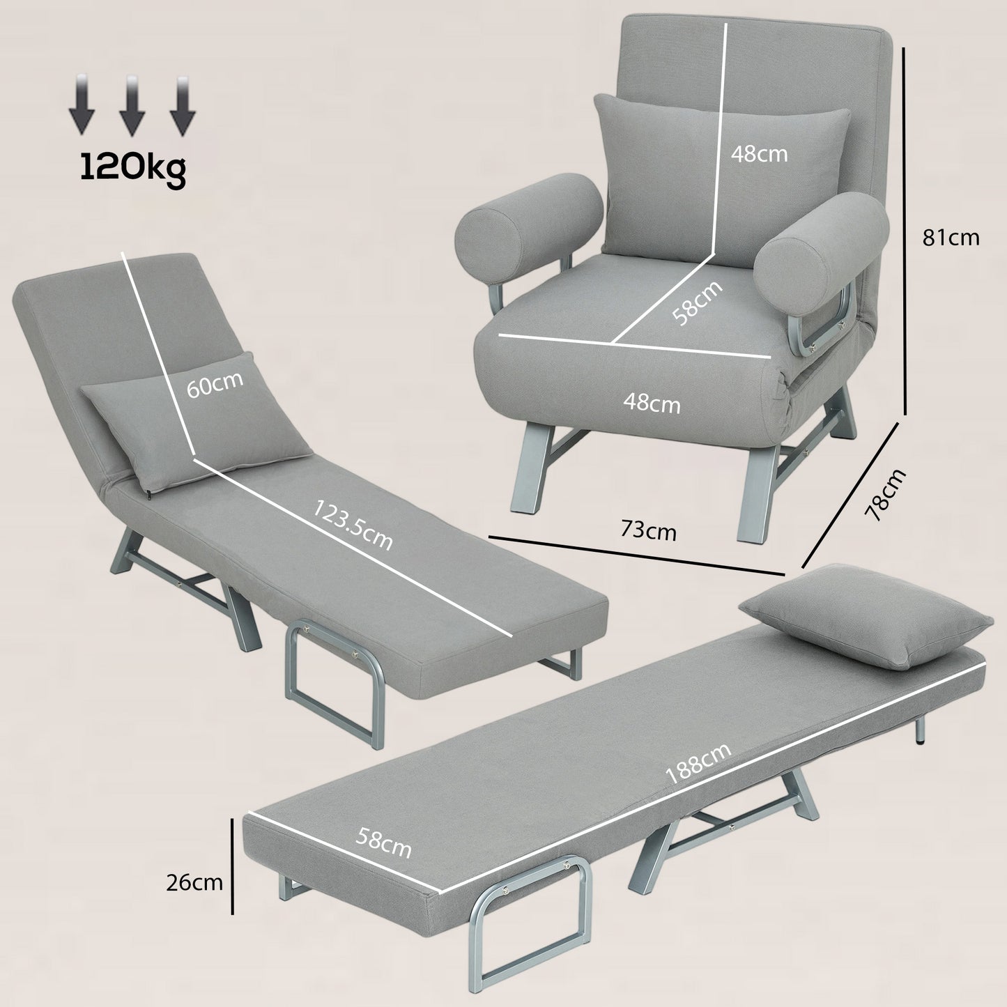 Single Sofa Bed, 3-in-1 Convertible Folding Chair Bed, Light Grey