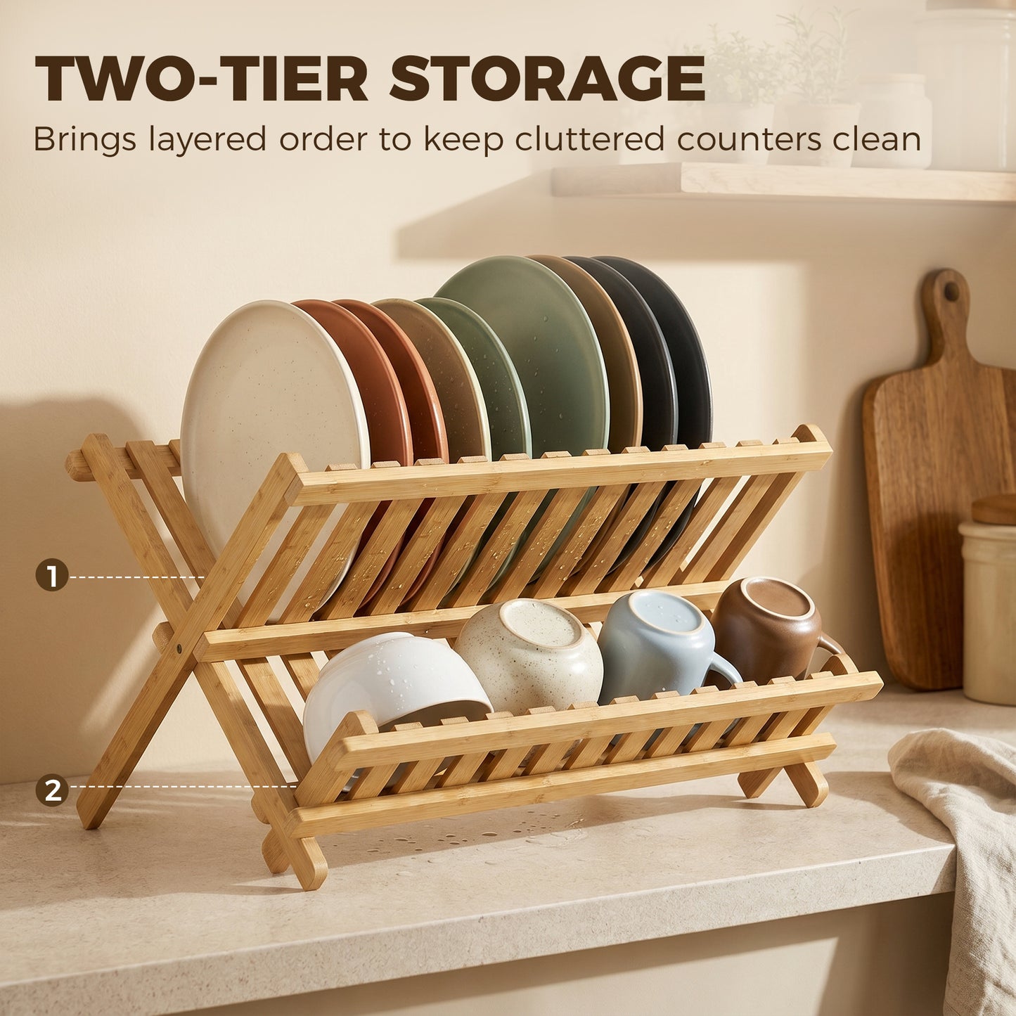 2-Tier Kitchen Storage Unit with Slatted Draining Shelves, Natural