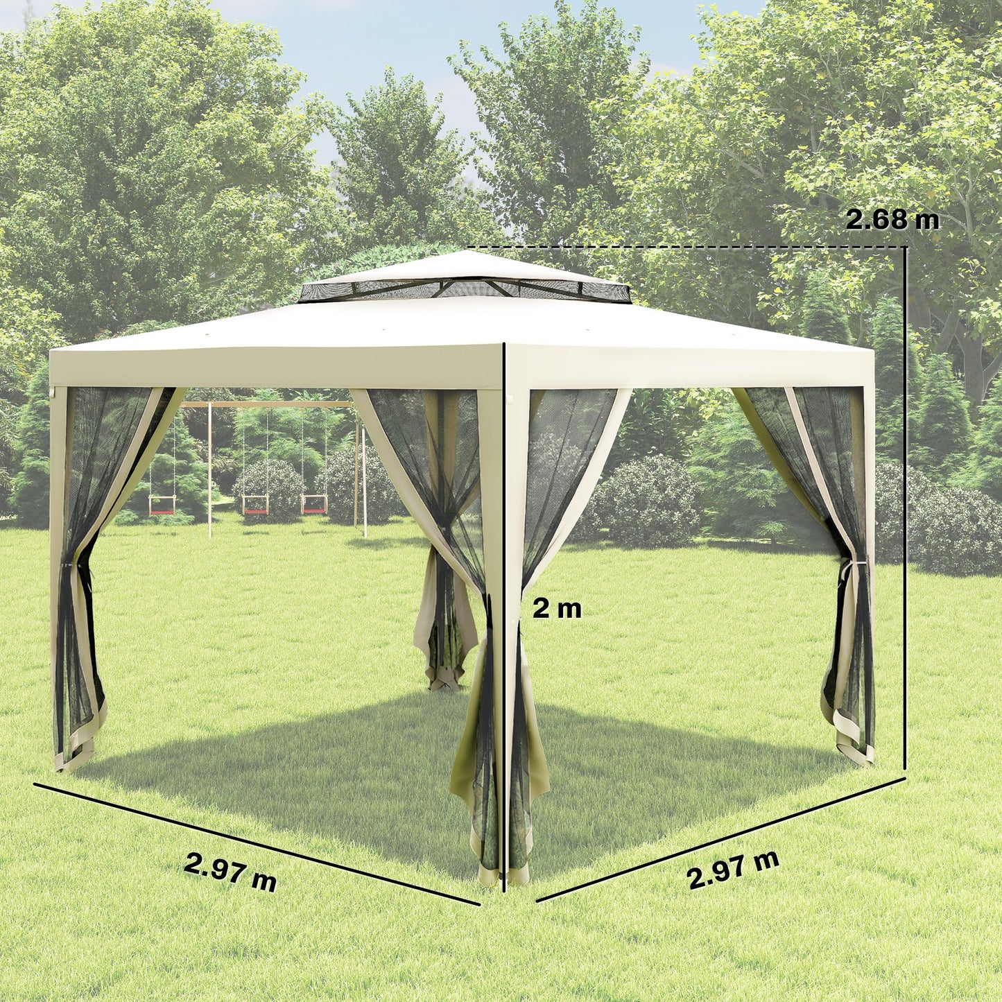 3 x 3 m Gazebo, Netting Party Tent w/ Double Tier Roof, Cream White