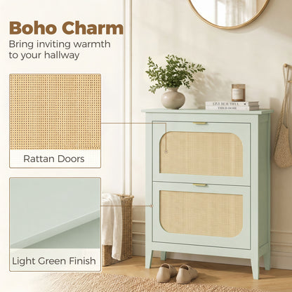 Boho Slim Shoe Cabinet with Rattan Doors, Holds 14 Pairs, Green