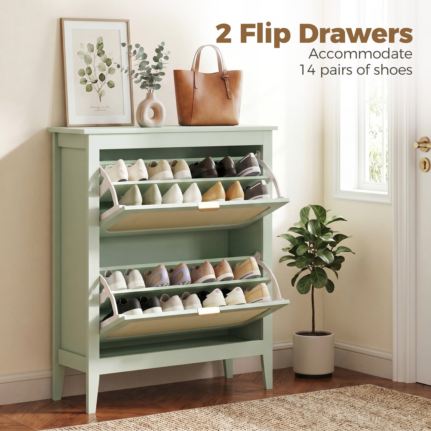 Boho Slim Shoe Cabinet with Rattan Doors, Holds 14 Pairs, Green