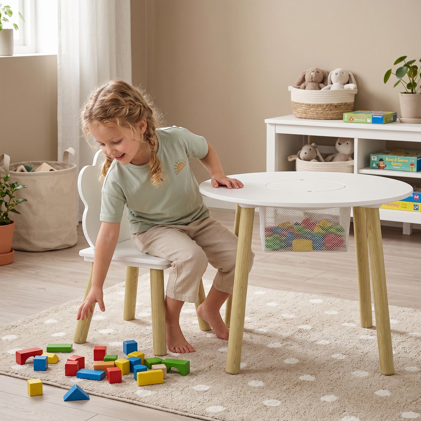 Kids Table and Chairs Set, 3 Piece Toddler Table and Chairs Set with Storage Mesh Bag, for Reading, Drawing, Art, Craft, Playroom, Nursery, Kids Bedroom, White