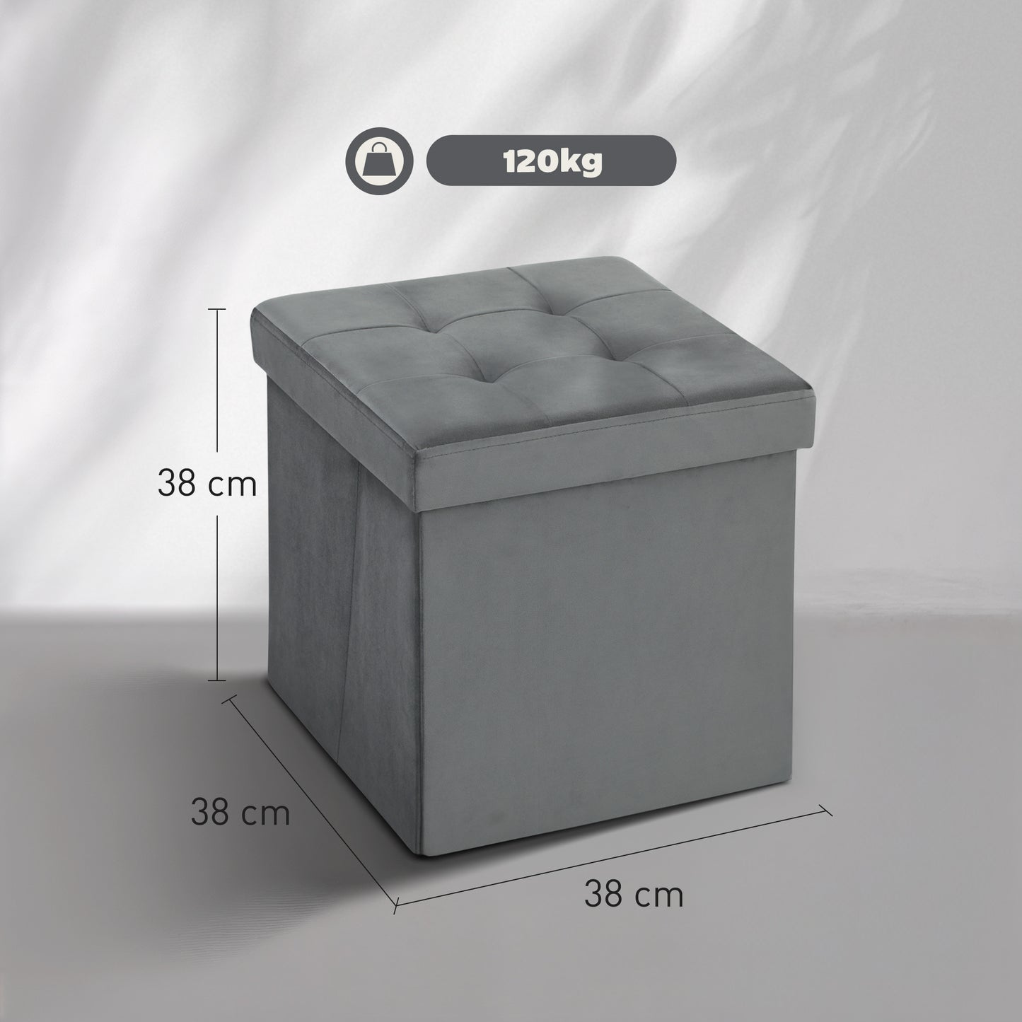 Foldable Velvet-Feel Storage Ottoman, 38 x 38 x 38 cm, Grey