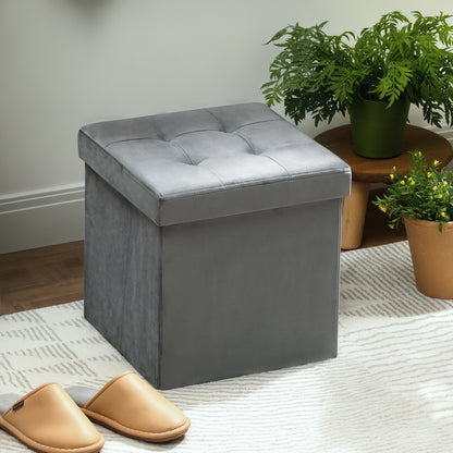 Foldable Velvet-Feel Storage Ottoman, 38 x 38 x 38 cm, Grey