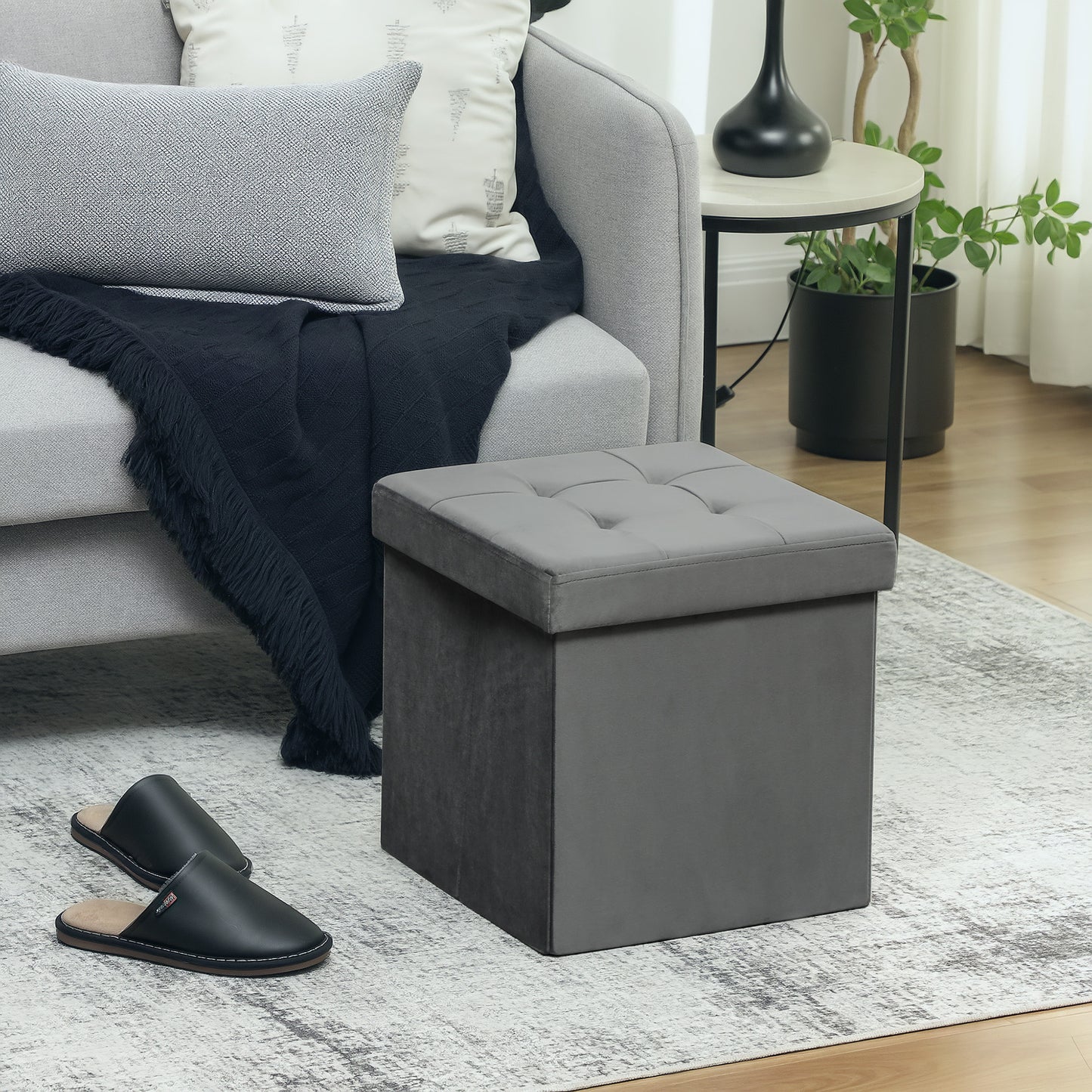 Foldable Velvet-Feel Storage Ottoman, 38 x 38 x 38 cm, Grey
