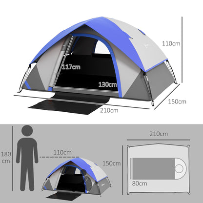 2 Man Camping Tent w/ Sewn-in Groundsheet, 3000mm Waterproof, Blue