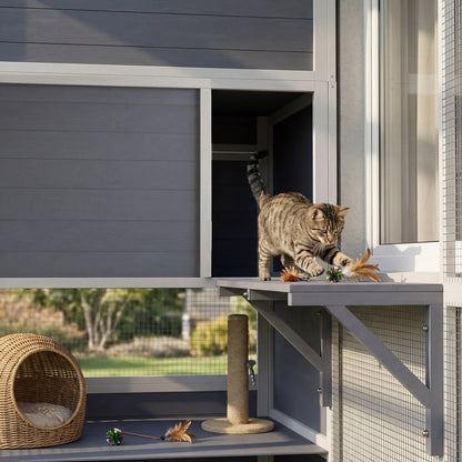 Wooden Catio with Spacious Resting Rooms, 3 Platforms, Window, Grey